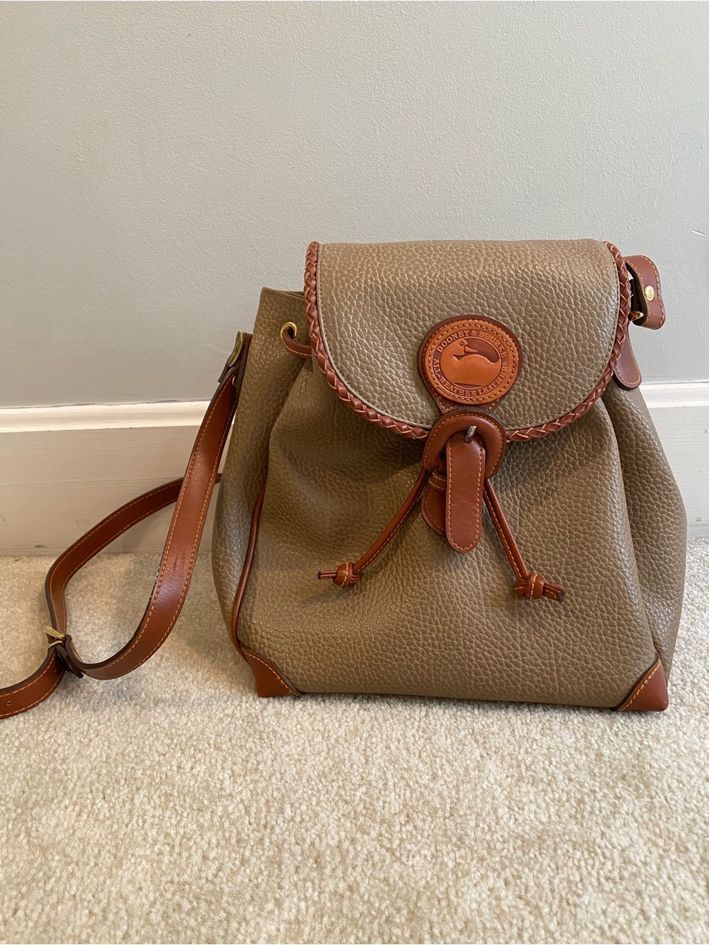 Vintage Dooney & Bourke Taupe Drawstring Crossbody with Brown Leather Trim